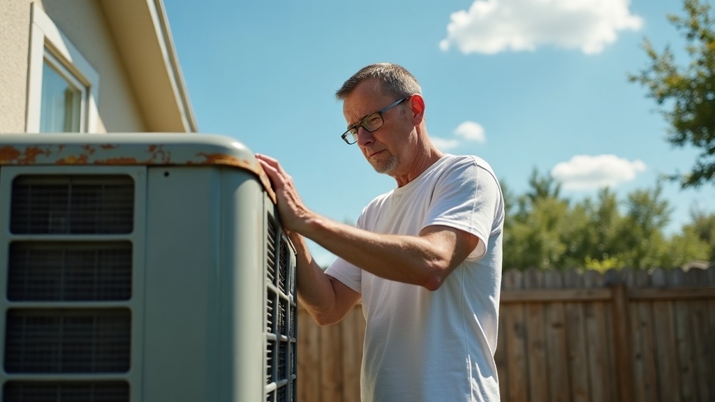 Homeowner checking HVAC unit for signs of failure in Dallas, Texas