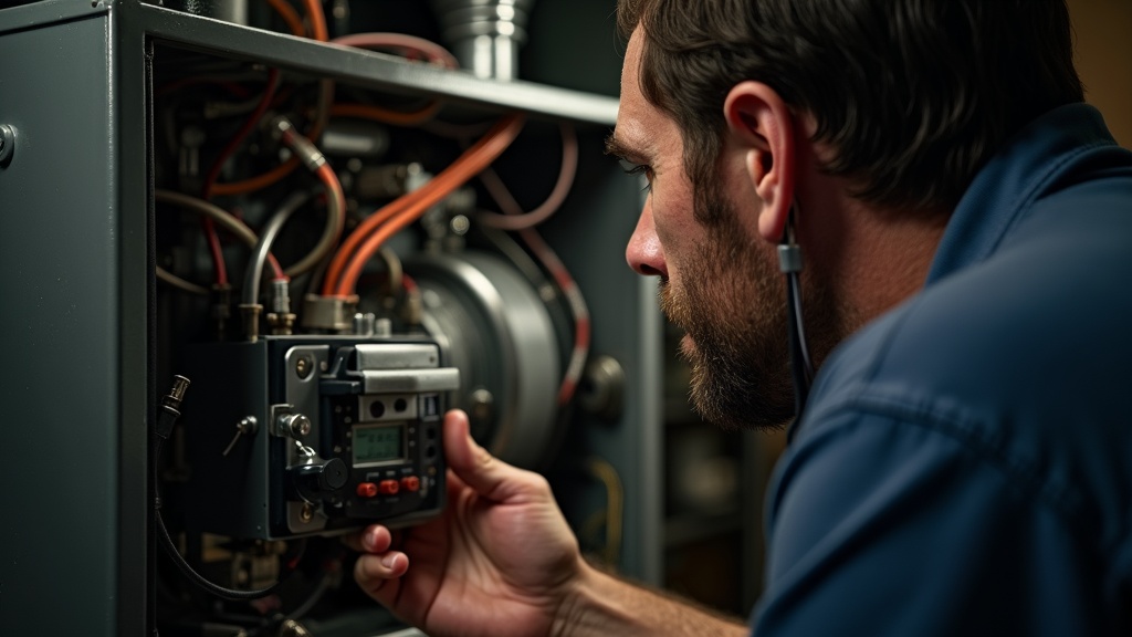 HVAC technician using stethoscope to diagnose strange noises in heating and cooling system