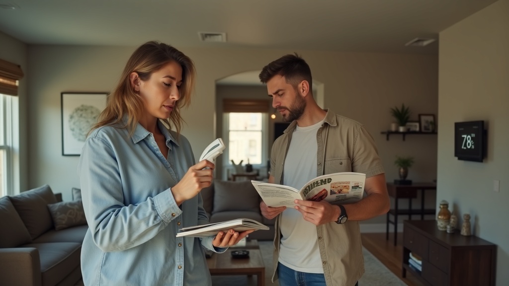 Family using digital thermometer to measure room temperature showing uneven cooling from broken HVAC