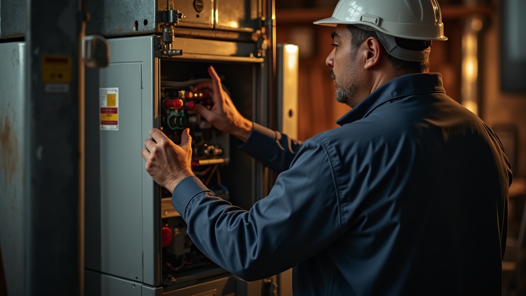 HVAC technician performing seasonal tune-up on furnace in Dallas