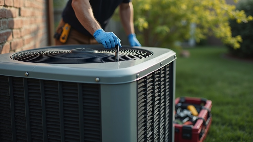 An HVAC technician listens to a loud air conditioner condenser unit using a stethoscope, diagnosing the noise source.