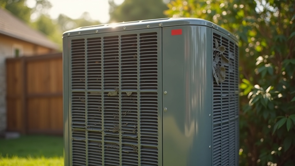 A severely damaged air conditioner compressor with cracked shell and missing fan blades, surrounded by scattered debris and a high electric bill in the foreground.