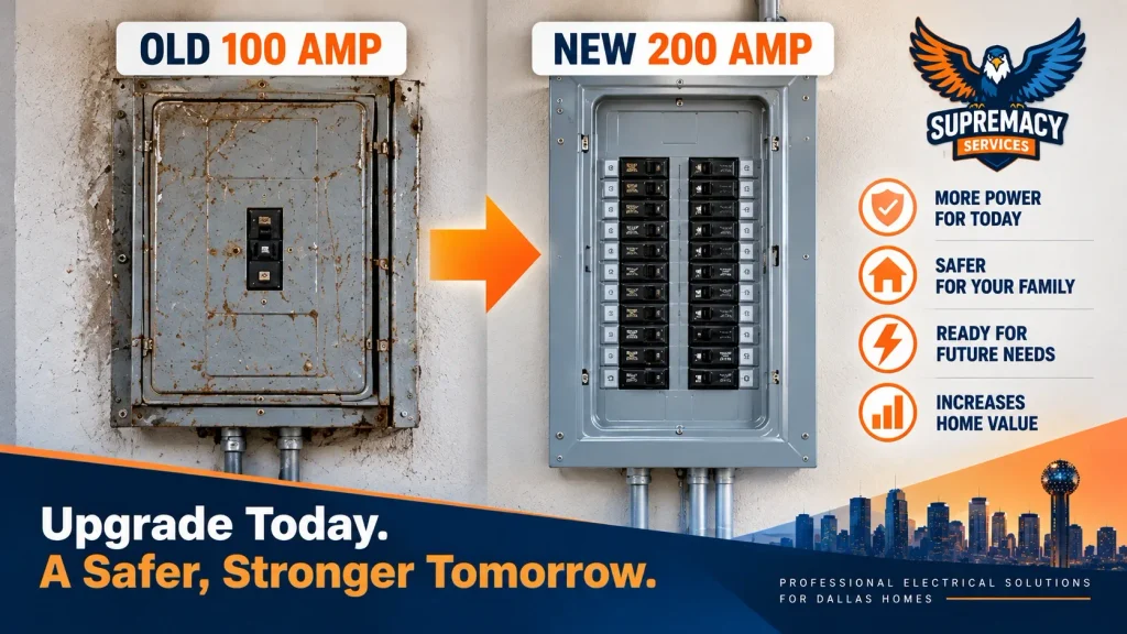 Old 100-amp electrical panel compared with a new 200-amp electrical panel upgrade for a Dallas home.