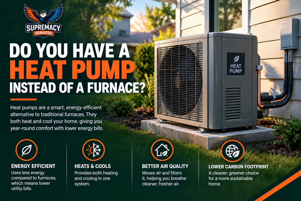 A modern heat pump installed beside a home, with bold text asking, “Do You Have a Heat Pump Instead of a Furnace?” and highlighting energy efficiency, heating and cooling, better air quality, and a lower carbon footprint.
