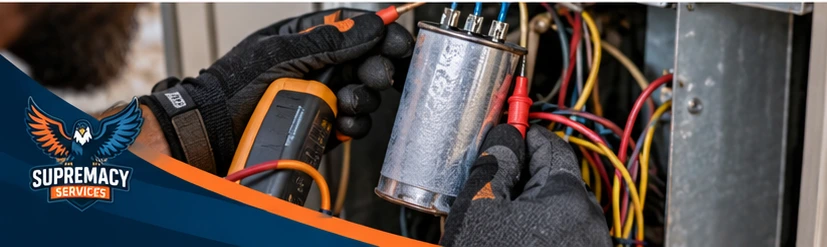 HVAC technician testing an AC capacitor and electrical components during Dallas AC repair