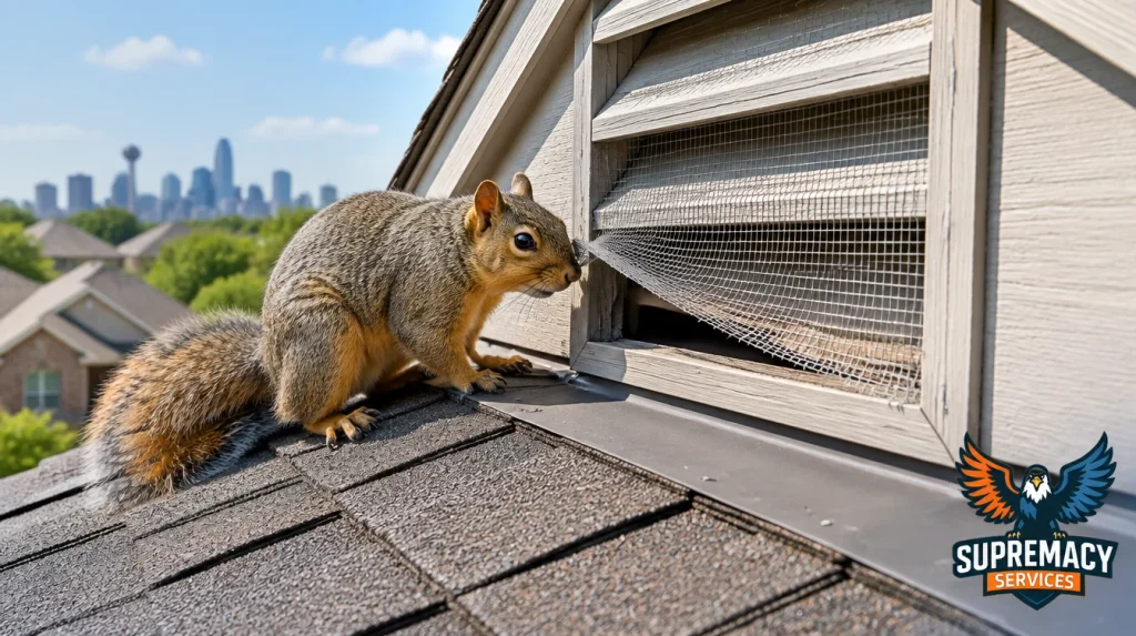 Squirrel near damaged attic vent screen on Dallas home