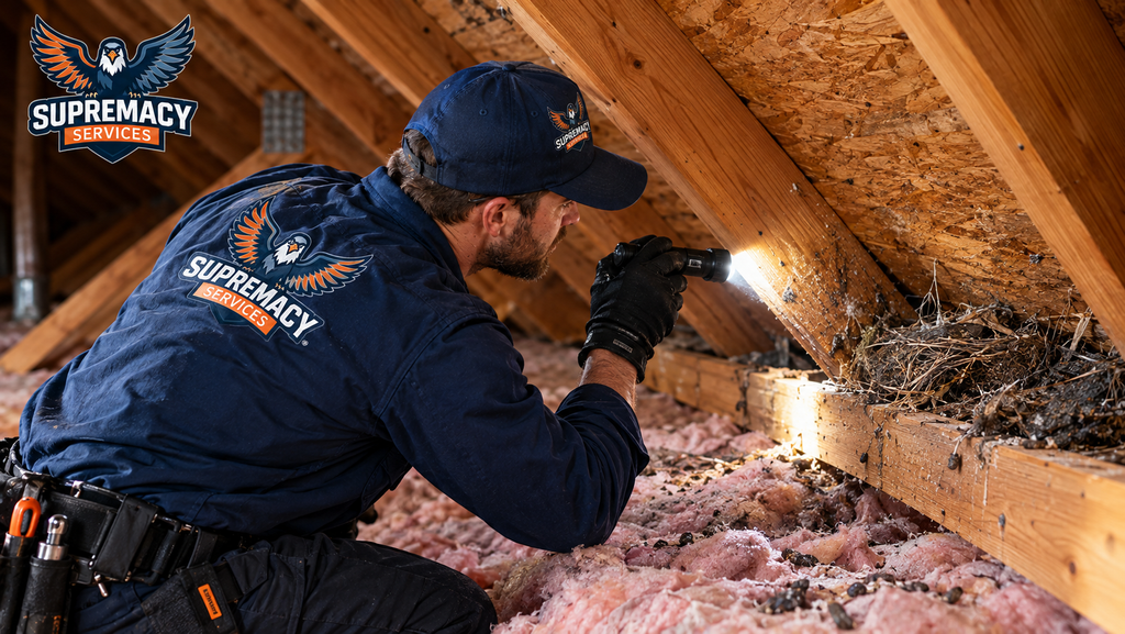 Wildlife technician inspecting Dallas attic for animal activity