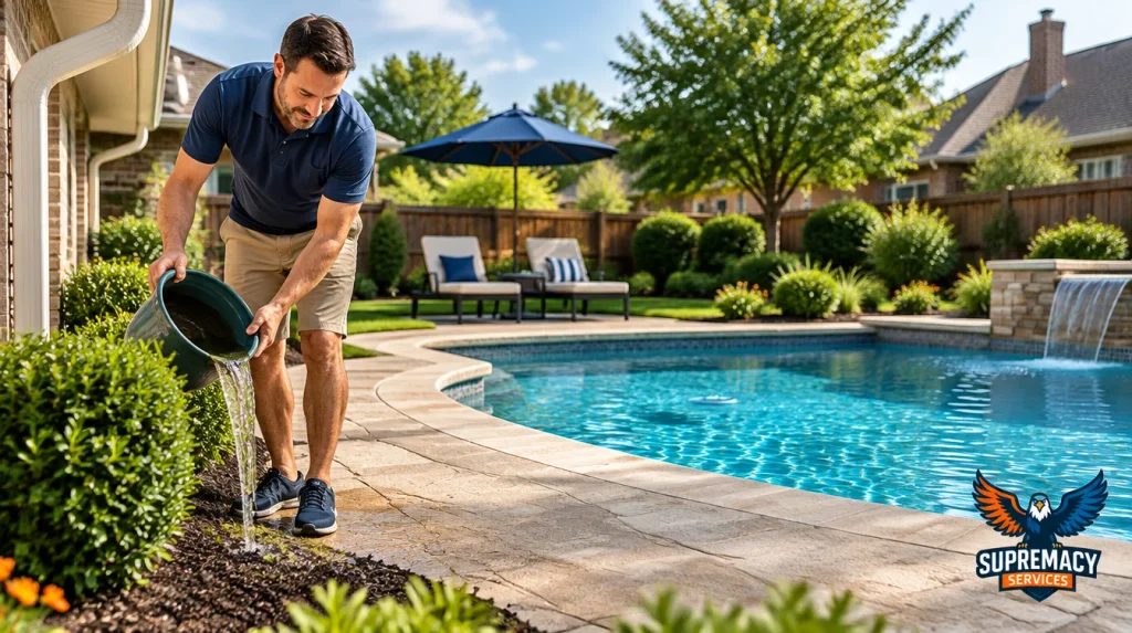 Homeowner reducing mosquito habitat by removing standing water and maintaining a North Texas backyard
