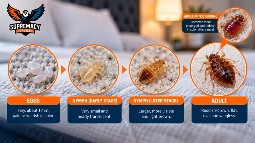 Visual comparison of bed bug eggs, pale nymphs and reddish-brown adult bed bugs on mattress fabric.