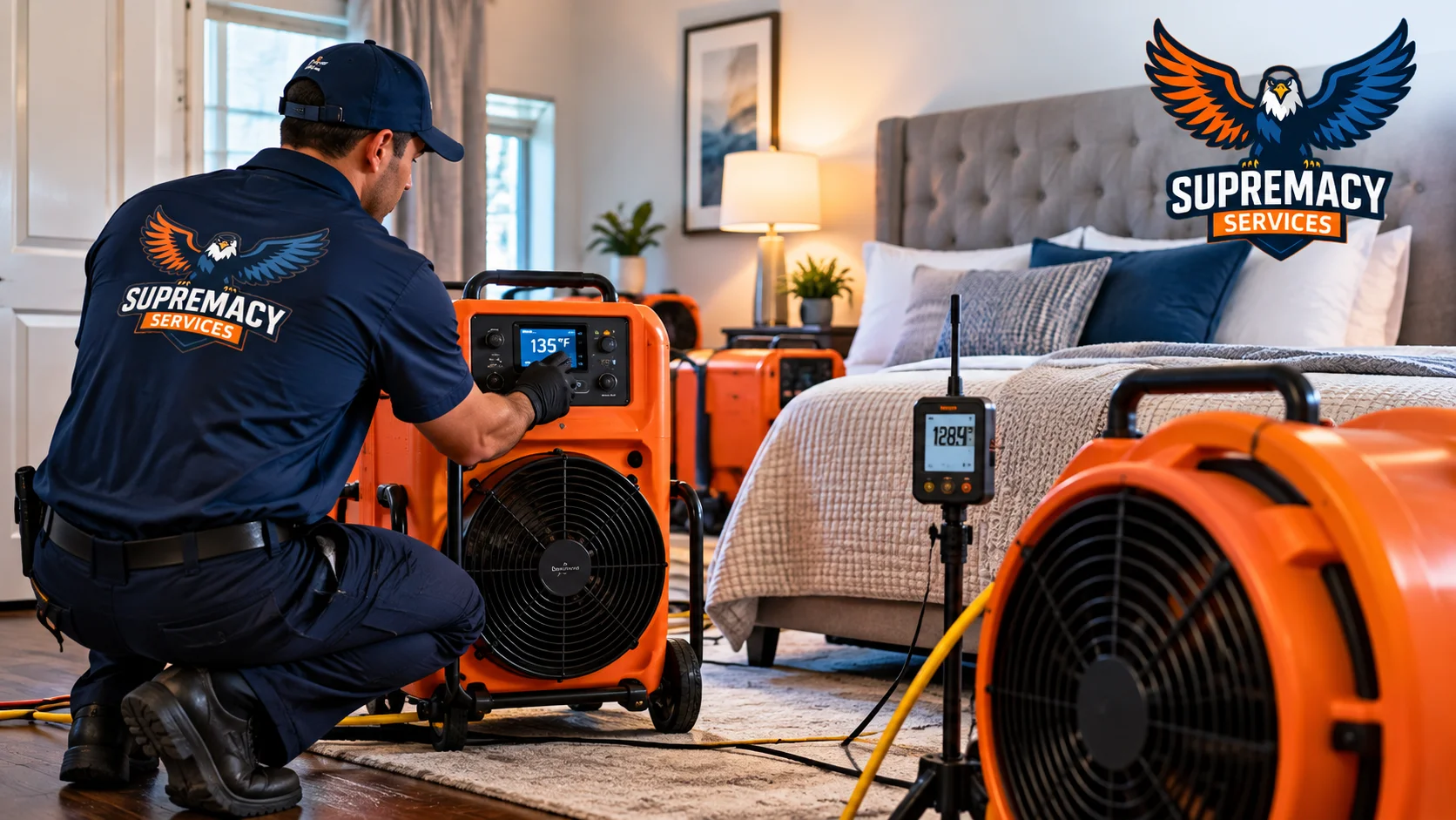 Supremacy Services technician setting up professional bed bug heat treatment equipment and temperature monitoring in a bedroom.