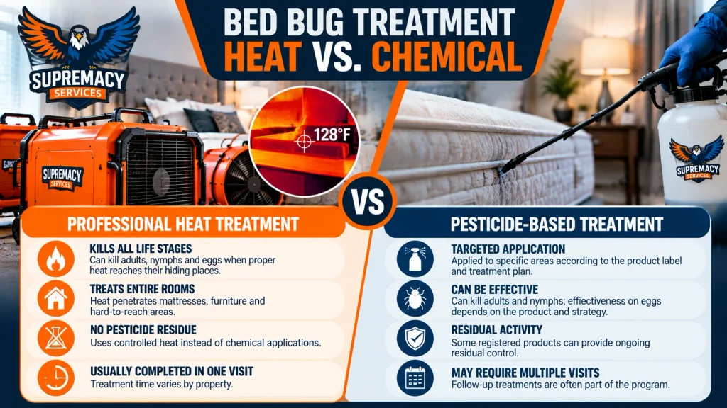Comparison infographic showing professional heat treatment and pesticide-based treatment options for controlling bed bugs.