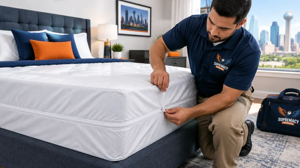 Bed bug mattress encasement being securely fitted around a mattress