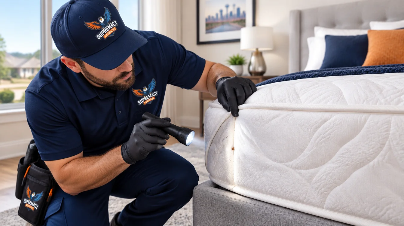 Pest control technician inspecting mattress seams for bed bugs in a Dallas home