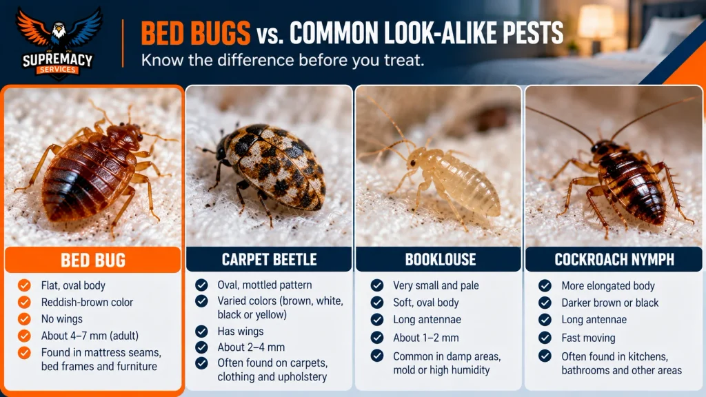 Comparison of a bed bug, carpet beetle, booklouse and cockroach nymph to help distinguish similar household pests.