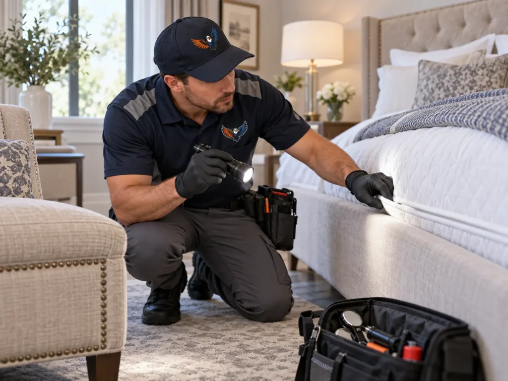 Technician inspecting mattress seams, bed frame or upholstered furniture