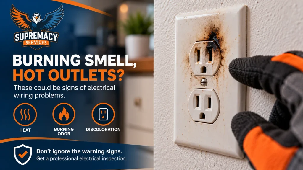 Scorched electrical outlet showing heat damage and discoloration from a possible electrical fault