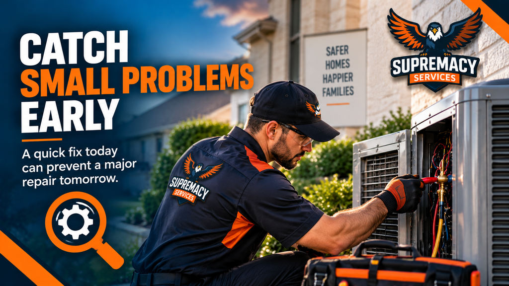 Supremacy Services technician inspecting an outdoor HVAC system in Dallas to prevent costly breakdowns