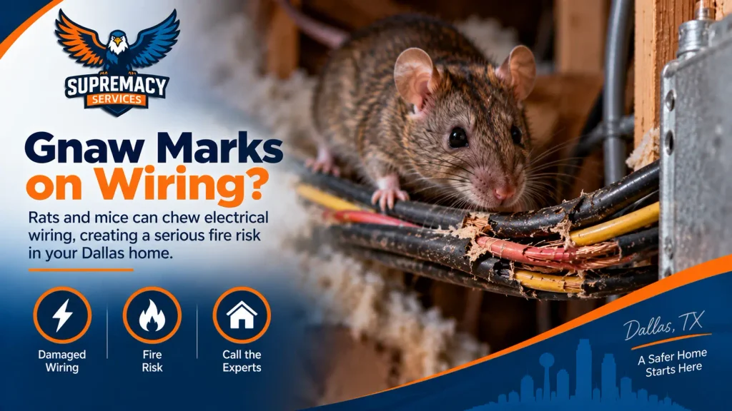 Rat or mouse gnaw damage on electrical wiring inside a Dallas home