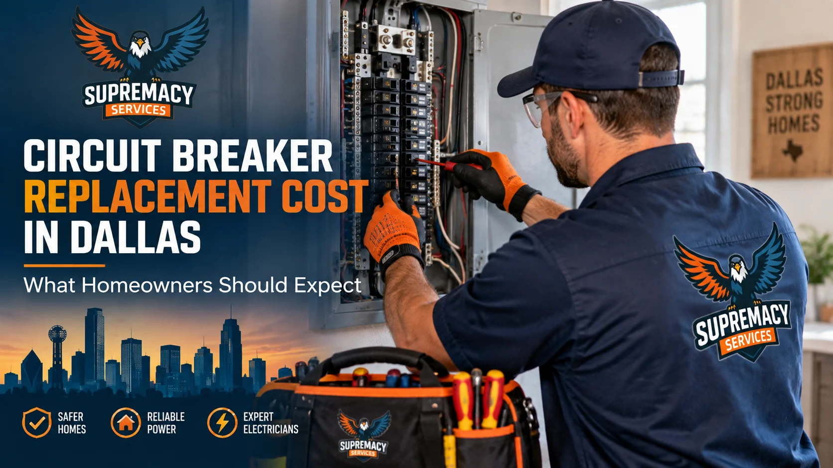 Electrician inspecting a residential circuit breaker panel for replacement in a Dallas home