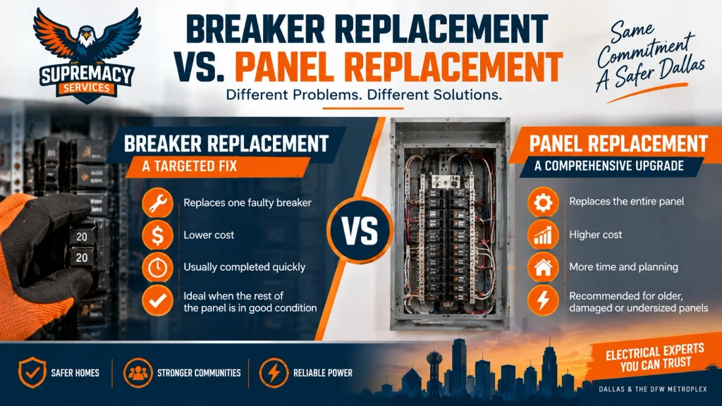 Comparison of circuit breaker replacement and full electrical panel replacement for Dallas homeowners