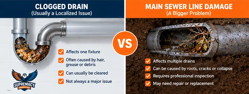 Clogged drain vs damaged sewer line comparison for Dallas homeowners.