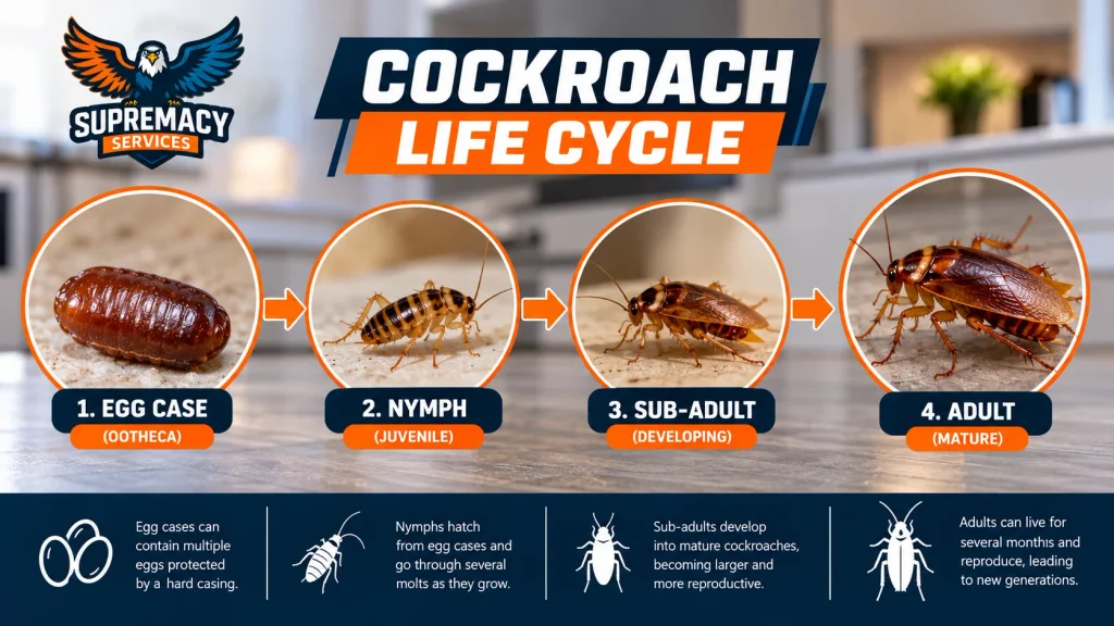 Cockroach life cycle showing egg case, nymph, developing cockroach and adult stages