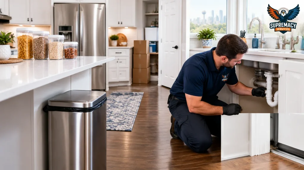 Clean Dallas kitchen with sealed food, repaired plumbing and sealed gaps to help prevent cockroaches