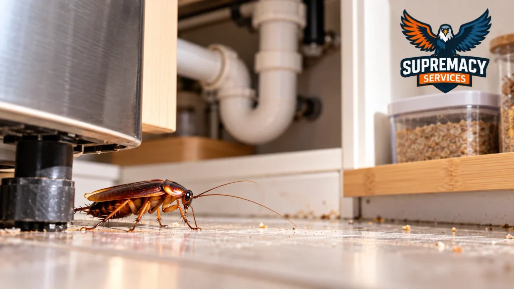Cockroach near kitchen plumbing and food crumbs inside a North Texas home