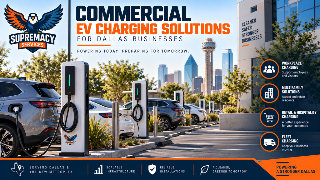 Commercial EV charging stations installed for electric vehicles at a Dallas business property