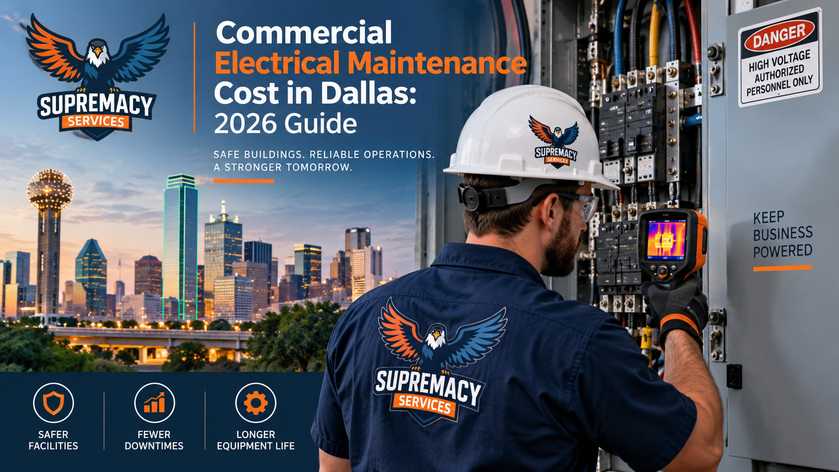 Commercial electrician performing electrical maintenance and thermal inspection at a Dallas commercial property