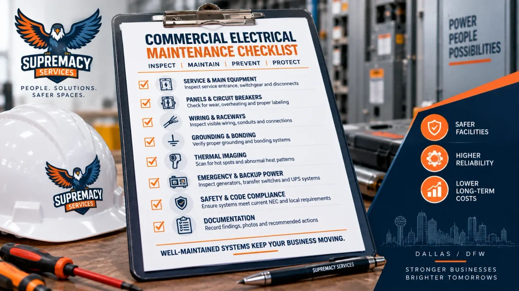 Commercial electrical maintenance checklist covering panels, wiring, grounding, thermal imaging and backup power