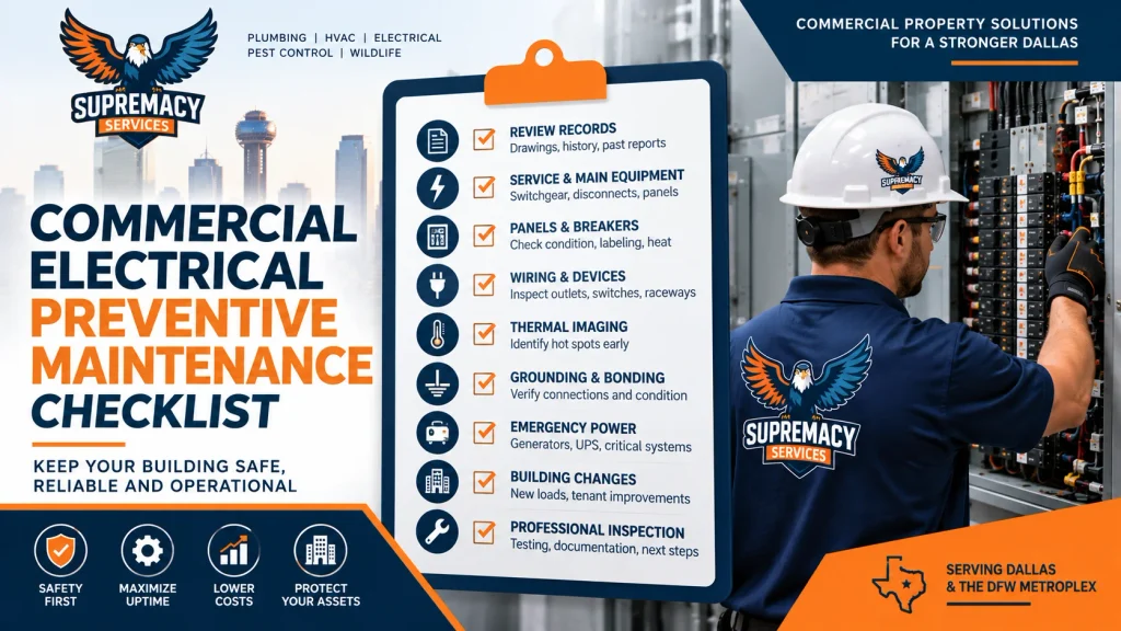 Commercial electrical maintenance checklist covering panels, breakers, wiring, thermal imaging, grounding and emergency power