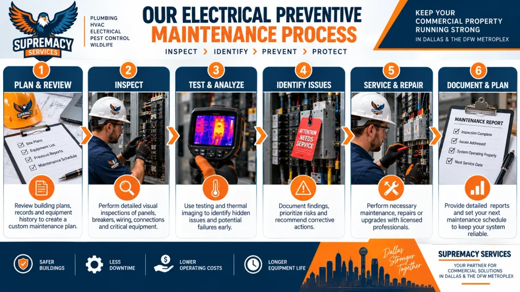 Six-step commercial electrical maintenance process from planning and inspection through testing, repairs and documentation