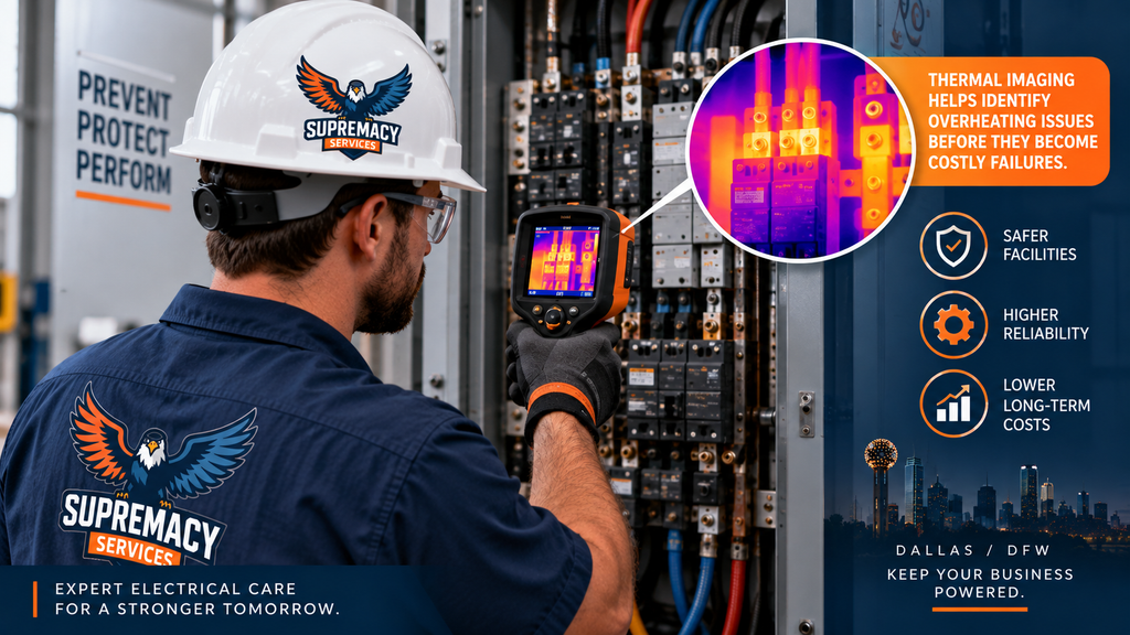 Electrician using a thermal imaging camera to inspect a commercial electrical panel for abnormal heat