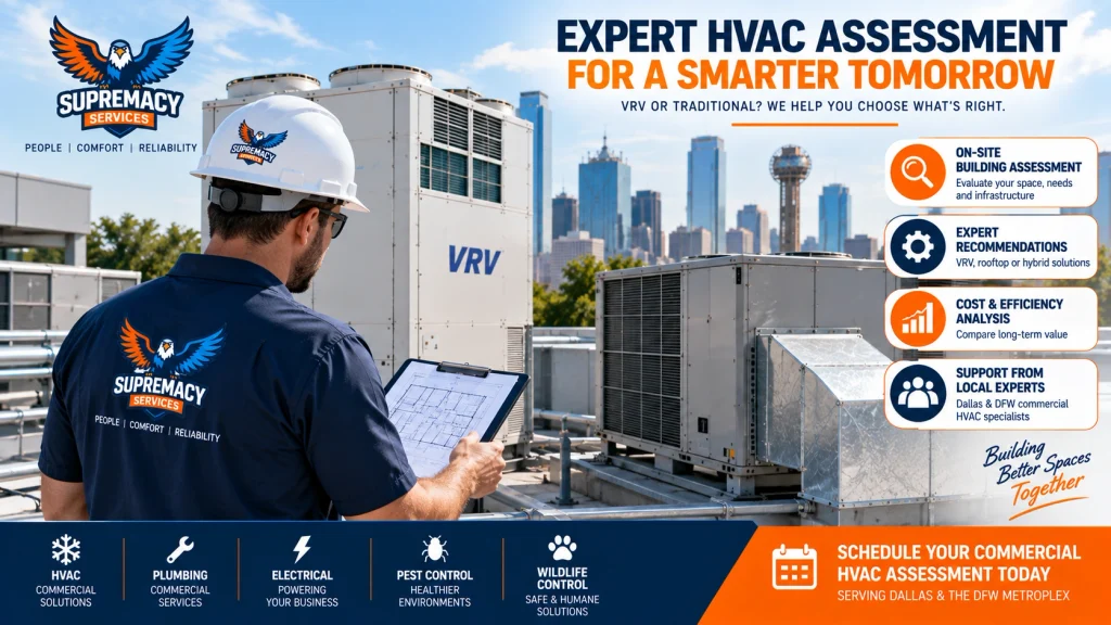 Commercial HVAC technician evaluating VRV and rooftop equipment for a Dallas commercial building