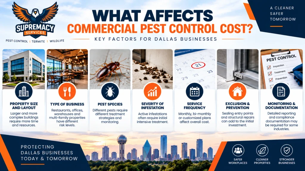 Infographic showing property size, business type, pest species, infestation severity and service frequency as commercial pest control cost factors.