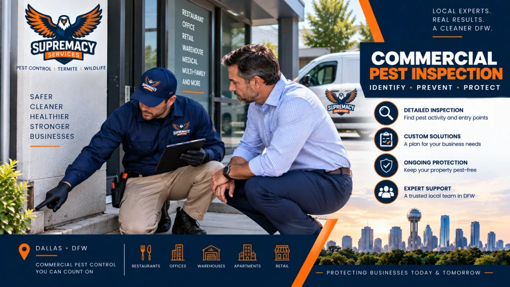 Commercial pest control technician and facility manager inspecting potential pest entry points at a Dallas business