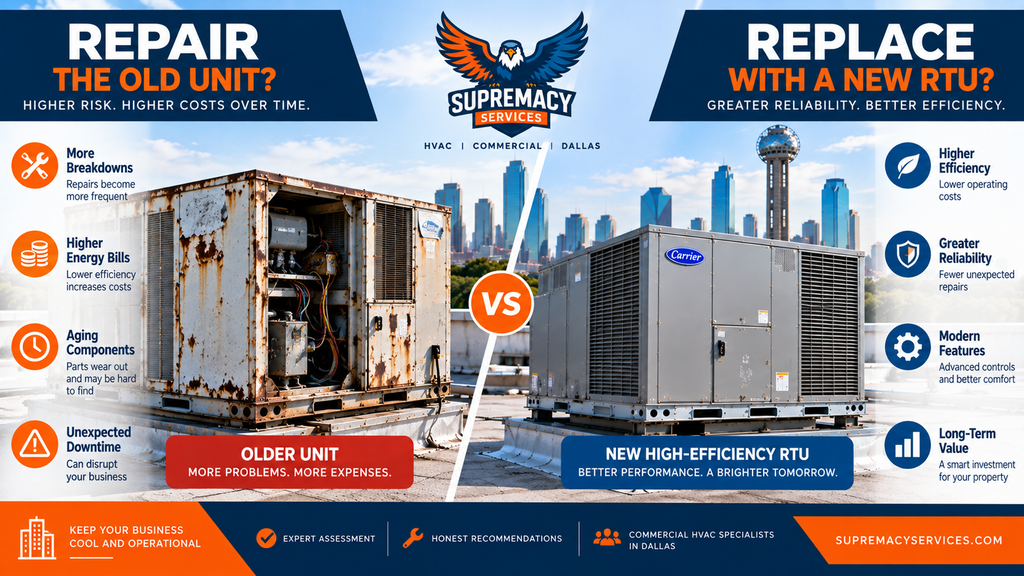 Aging commercial rooftop AC unit compared with a new high-efficiency RTU for repair versus replacement planning