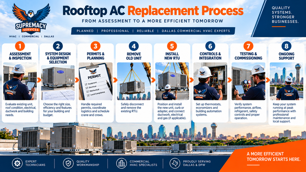 Step-by-step commercial rooftop AC replacement process from system assessment and equipment selection to installation and commissioning