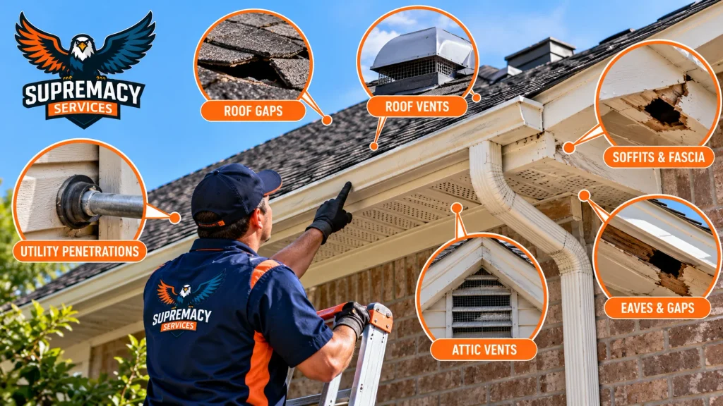Roof gaps, vents, soffits, fascia and utility penetrations that may allow rodents or wildlife into an attic