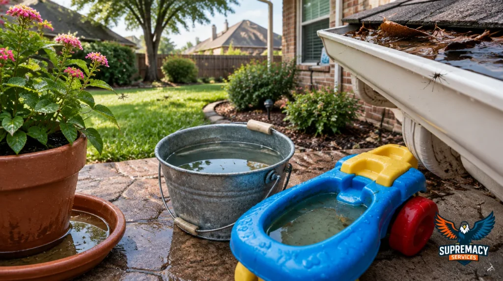 Standing water in flowerpots, buckets, toys and gutters around a North Texas backyard