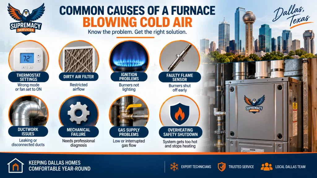 Common causes of a furnace blowing cold air including thermostat, dirty filter, ignition, flame sensor and ductwork problems