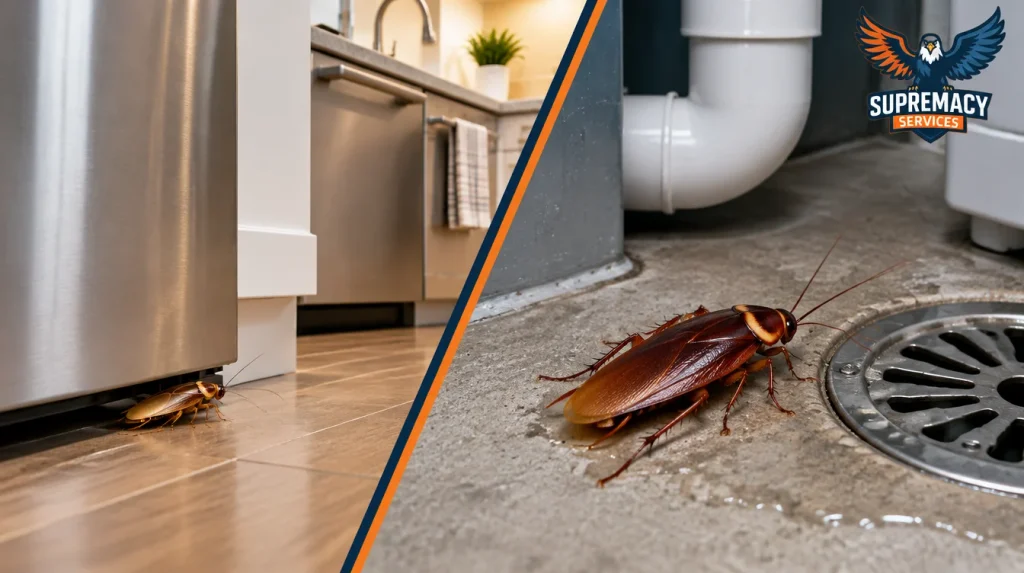 German cockroach near kitchen appliances and American cockroach near a drain in a Dallas home