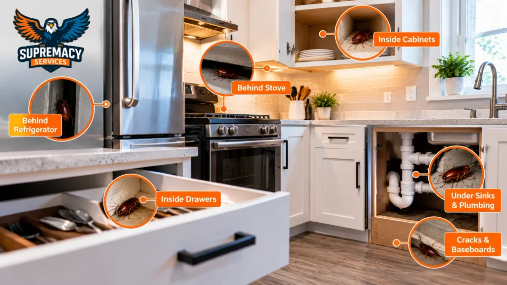 Common cockroach hiding places behind appliances, inside cabinets, under sinks and along baseboards