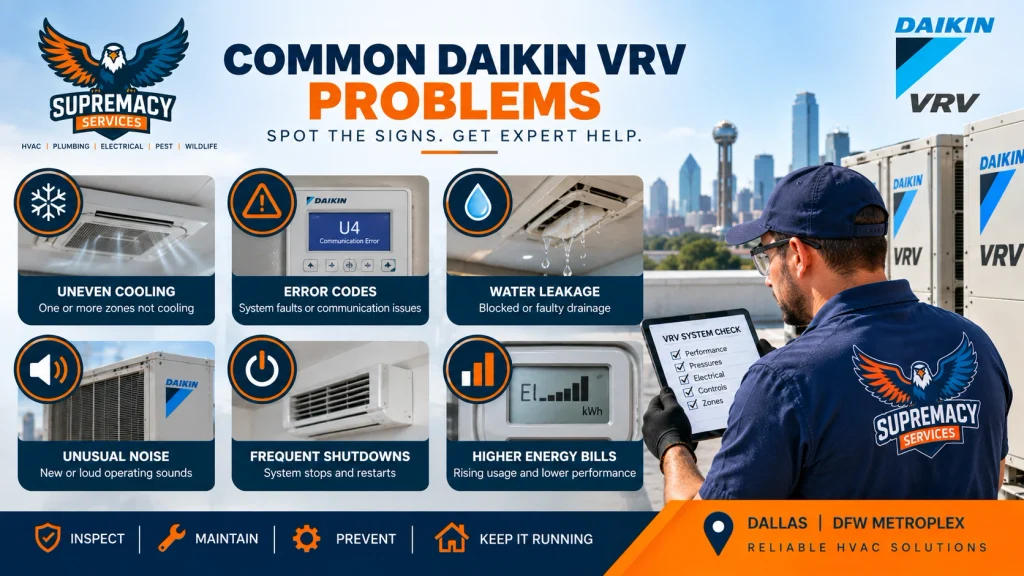 Infographic showing common Daikin VRV problems including uneven cooling, error codes, water leaks, unusual noise, shutdowns and rising energy use.