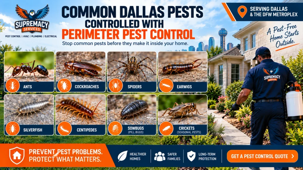 Common Dallas pests targeted by perimeter pest control including ants, cockroaches, spiders, earwigs, silverfish and centipedes