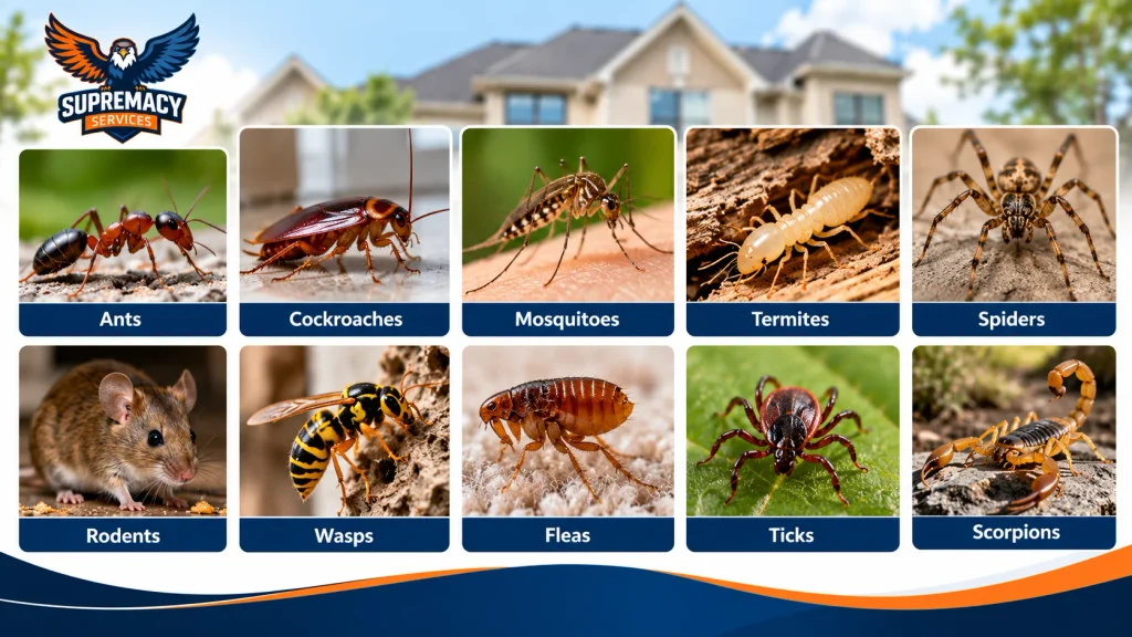 Common North Texas pests including ants, cockroaches, mosquitoes, termites, spiders, rodents, wasps, fleas, ticks and scorpions