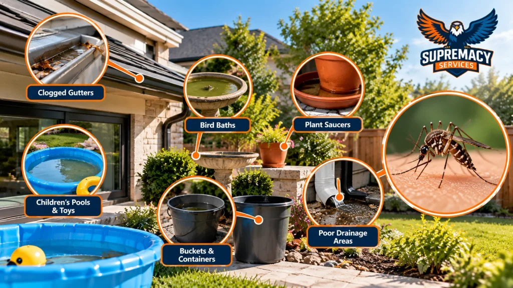 Standing water in gutters, bird baths, plant saucers, pools, buckets and drainage areas that can support mosquitoes