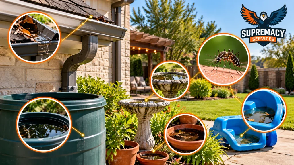 Standing water in gutters, containers, bird baths and plant saucers around a backyard