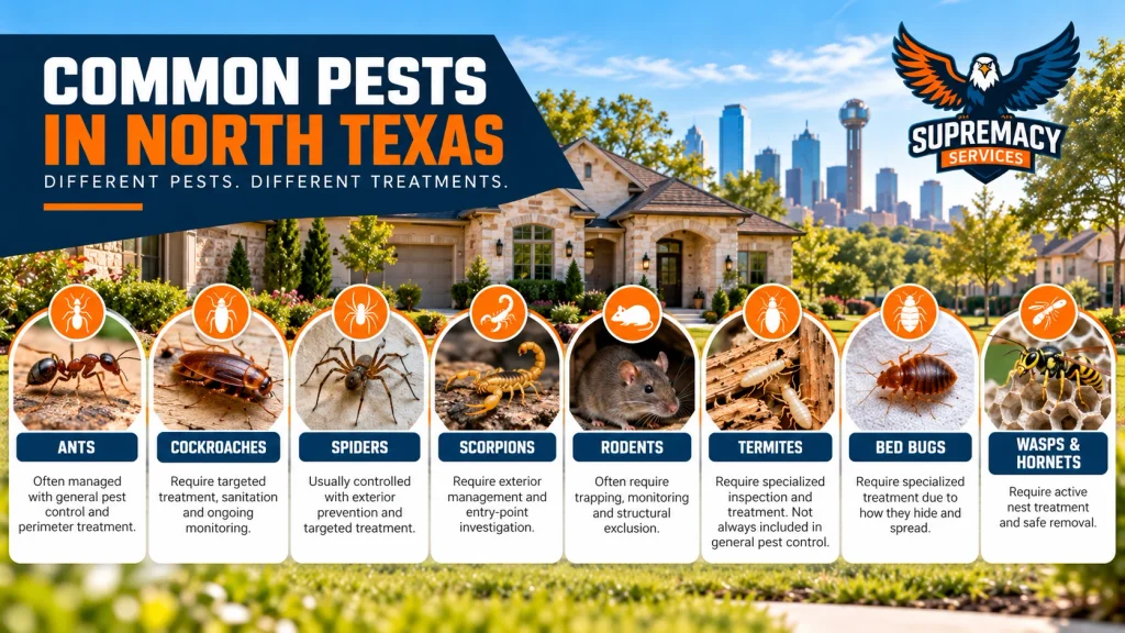 Common North Texas household pests including ants, cockroaches, spiders, scorpions, rodents, termites, bed bugs and wasps